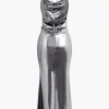 Metallic Tie Halter Cowl Neck Backless Maxi Dress>MICAS Fashion