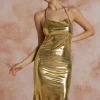 Metallic Tie Halter Cowl Neck Backless Maxi Dress>MICAS Fashion