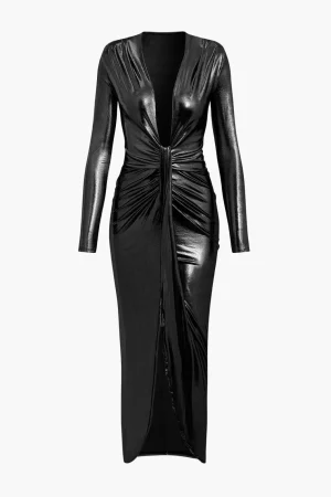 Metallic V-neck Ruched Slit Wrap Maxi Dress>MICAS Online