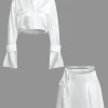 Mock Neck Button Up Bell Sleeve Crop Shirt And Mini Skirt Set>MICAS Clearance