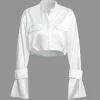 Mock Neck Button Up Bell Sleeve Crop Shirt And Mini Skirt Set>MICAS Clearance