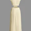 Mock Neck Cut Out Pleated Maxi Dress>MICAS New