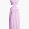 Mock Neck Cut Out Pleated Maxi Dress>MICAS New