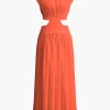 Mock Neck Cut Out Pleated Maxi Dress>MICAS New