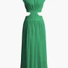 Mock Neck Cut Out Pleated Maxi Dress>MICAS New