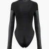 Mock Neck Faux Leather Paneled Long Sleeve Bodysuit>MICAS Best