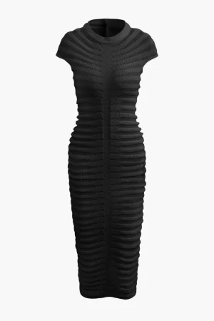 Mock Neck Knit Stripe Short Sleeve Maxi Dress>MICAS Fashion