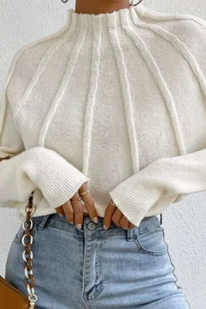 Mock Neck Textured Batwing Sleeve Sweater>MICAS Clearance