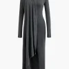 Mock Neck Wrap Ruched Long Sleeve Slit Maxi Dress>MICAS Hot