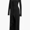 Mock Neck Wrap Ruched Long Sleeve Slit Maxi Dress>MICAS Hot