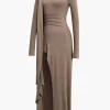 Mock Neck Wrap Ruched Long Sleeve Slit Maxi Dress>MICAS Hot