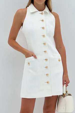 Multi-Button Collared Pocket Mini Dress>MICAS Outlet