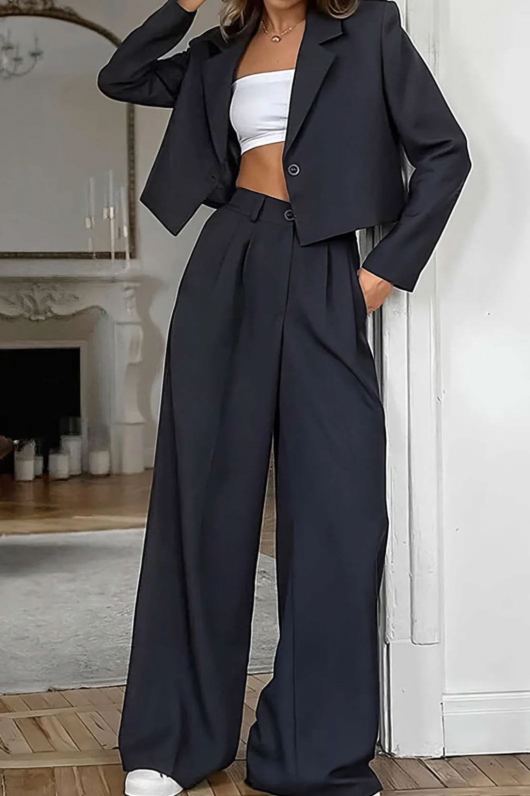 Notched Lapel Blazer And High Waist Trousers Set>MICAS New