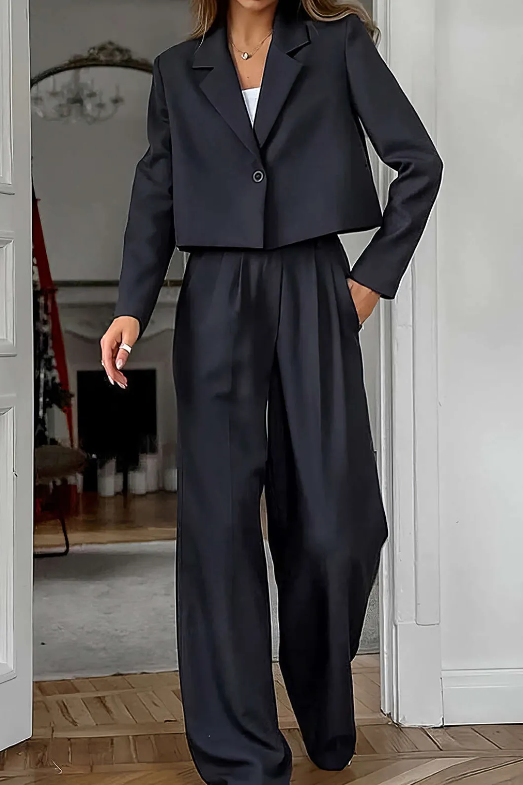 Notched Lapel Blazer And High Waist Trousers Set>MICAS New