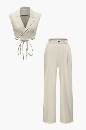 Notched Lapel Tie Back Vest And Straight Leg Suit Pants Set>MICAS Hot