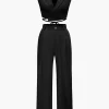 Notched Lapel Tie Back Vest And Straight Leg Suit Pants Set>MICAS Hot