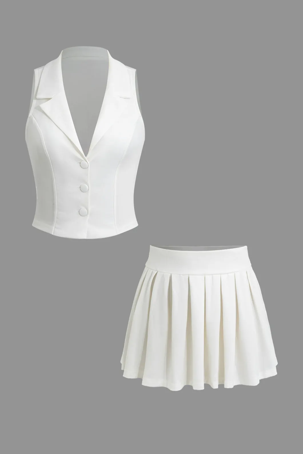 Notched Lapel Vest And Pleated Mini Skirt Set>MICAS Clearance