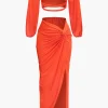 Off Shoulder Cut Out Long Sleeve Top And Twist Slit Maxi Skirt Set>MICAS Sale