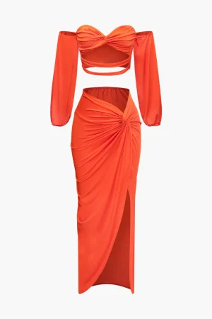 Off Shoulder Cut Out Long Sleeve Top And Twist Slit Maxi Skirt Set>MICAS Sale