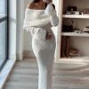 Off Shoulder Open Knit Maxi Dress>MICAS Best