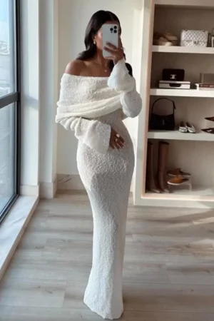 Off Shoulder Open Knit Maxi Dress>MICAS Best