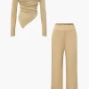 Off Shoulder Ruched Asymmetric Top And Straight Leg Pants Set>MICAS Online