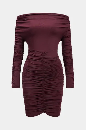 Off Shoulder Ruched Long Sleeve Mini Dress>MICAS Best