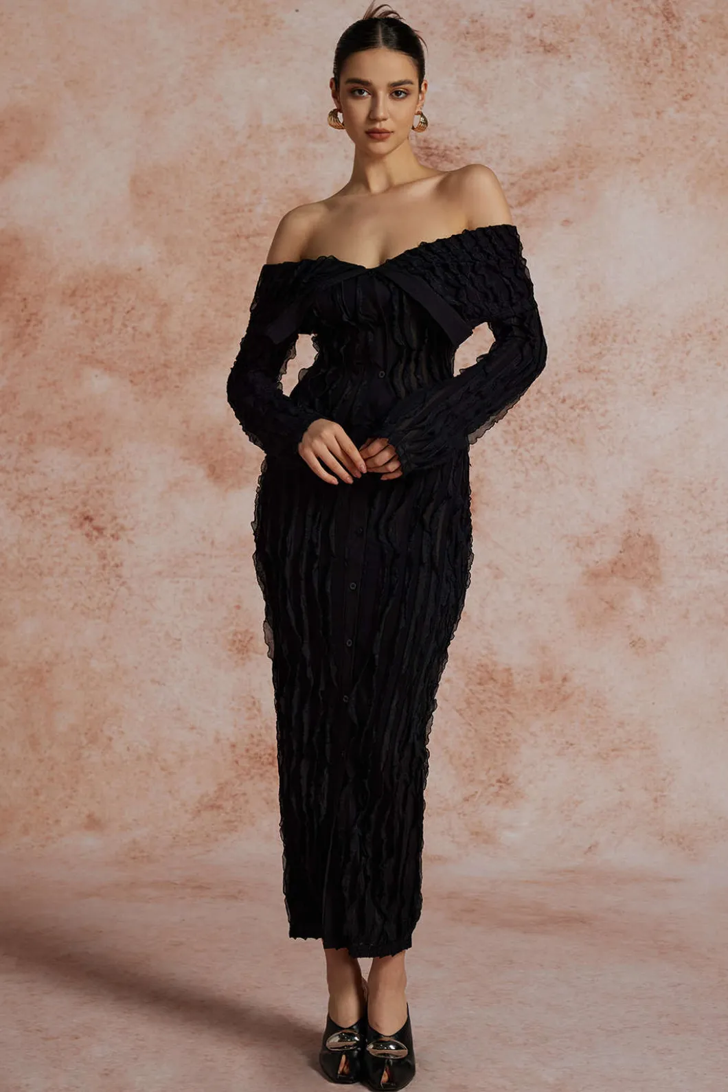 Off Shoulder Textured Button Up Slit Long Sleeve Maxi Dress>MICAS Hot