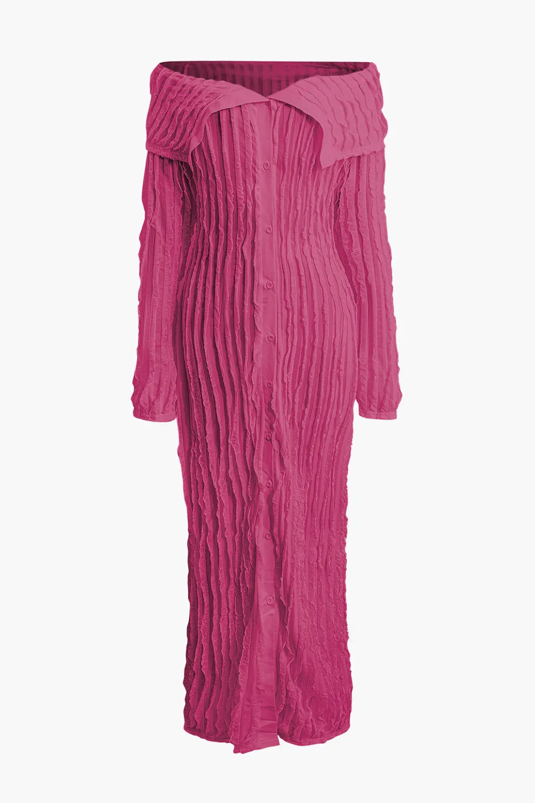 Off Shoulder Textured Button Up Slit Long Sleeve Maxi Dress>MICAS Hot