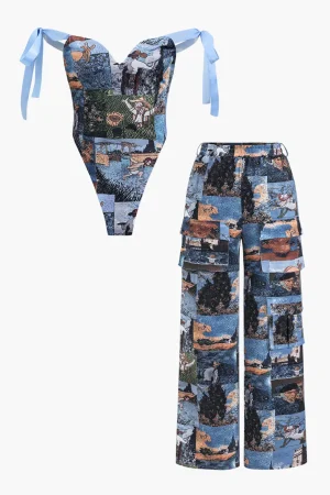 Oil Painting Pattern Drawstring Strappy Top And Pocket Trousers Set>MICAS Outlet