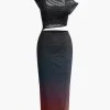 Ombre Cut Out Asymmetrical Mesh Slit Midi Dress>MICAS Outlet