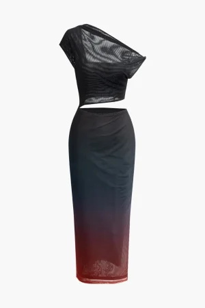 Ombre Cut Out Asymmetrical Mesh Slit Midi Dress>MICAS Outlet