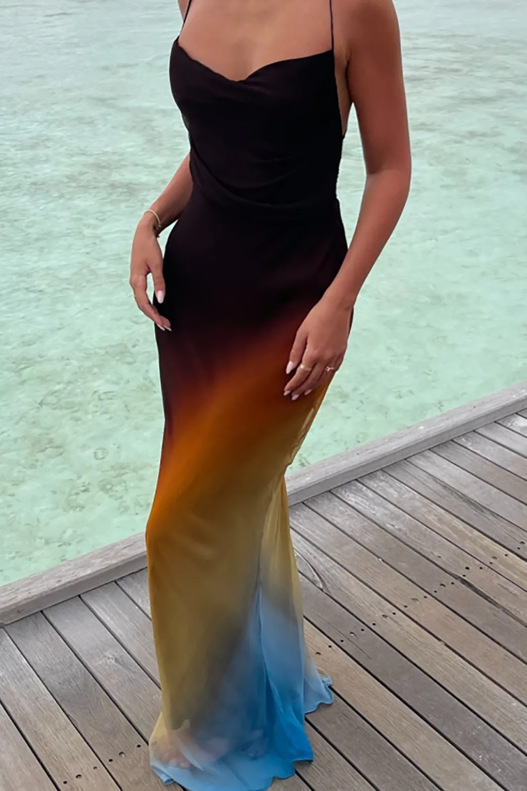 Ombre Mesh Cowl Neck Cross Strap Maxi Dress>MICAS Best