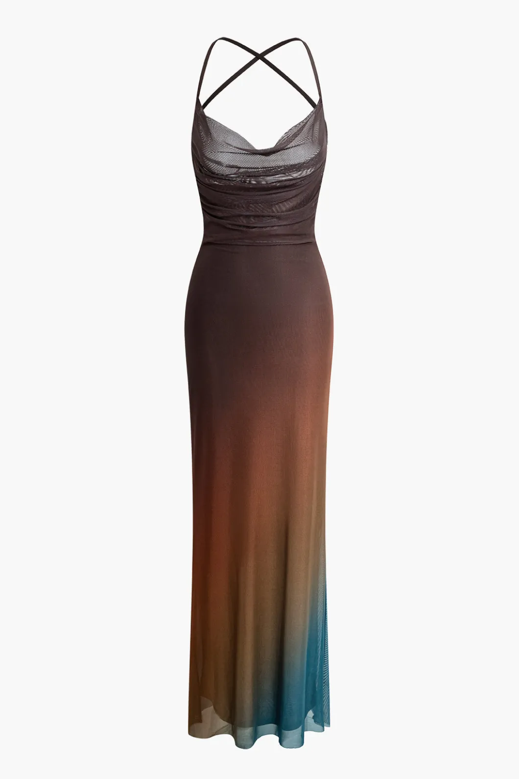 Ombre Mesh Cowl Neck Cross Strap Maxi Dress>MICAS Best