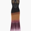Ombre Print Mesh Backless Lace Sleeveless Maxi Dress>MICAS Online