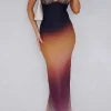Ombre Print Mesh Backless Lace Sleeveless Maxi Dress>MICAS Online