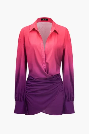 Ombre Print Ruched Button Up Mini Dress>MICAS Best