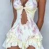 Ombre Print Ruffle Halter Cut Out Mini Dress>MICAS Outlet