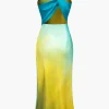 Ombre Print Satin Asymmetrical Maxi Dress>MICAS Discount