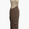 One Shouder Patchwork Ruched Slit Maxi Dress>MICAS Hot
