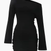 One Shoulder Flared Sleeve Ruched Wrap Mini Dress>MICAS Fashion