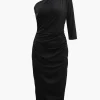 One Shoulder Ruched Midi Dress>MICAS Outlet