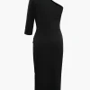 One Shoulder Ruched Midi Dress>MICAS Outlet