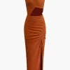 One-Shoulder Ruched Cutout Slit Maxi Dress>MICAS Sale