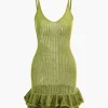 Open Knit Ruffle Hem Cami Mini Dress>MICAS New