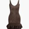 Open Knit Ruffle Hem Cami Mini Dress>MICAS New
