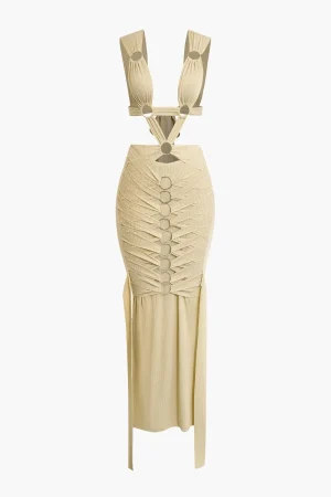 O-Ring Cut Out Ruched Maxi Dress>MICAS Hot