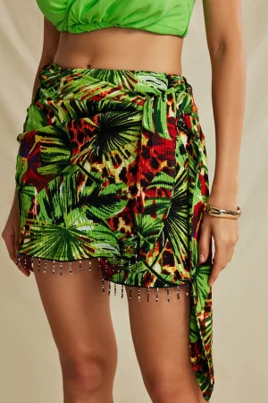 Palm Leaf Print Fringe Knot Mini Skirt>MICAS Sale