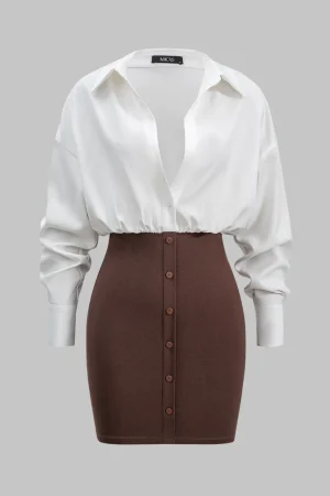 Patchwork Button Detail Long Sleeve Mini Dress>MICAS Online