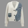 Patchwork Denim Knit Color Block Button Asymmetrical Pocket Cardigan>MICAS Fashion